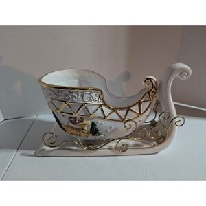 Sleigh Holiday Ceramic Christmas‎ Kmart Deer Trees & Gold Trim 10 x 6.5" Vintage